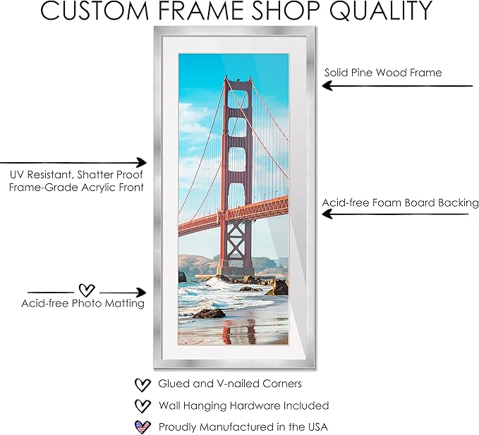 12x36 Silver Wood with White Mat | 16x40 Frame Matted to 12x36 | Display Your Artwork Under UV Acrylic Shatter Guard Front, with Foam Board Backing & Wall Hanging Hardware - Wall Frame