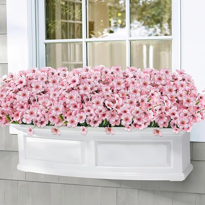 24 Bundles Artificial Flowers for Outdoors, Realistic Fake Silk Flowers for Outside Decoration, No Fade Faux Plants Outdoor Planter Window Box Porch Patio Decor(Pink)