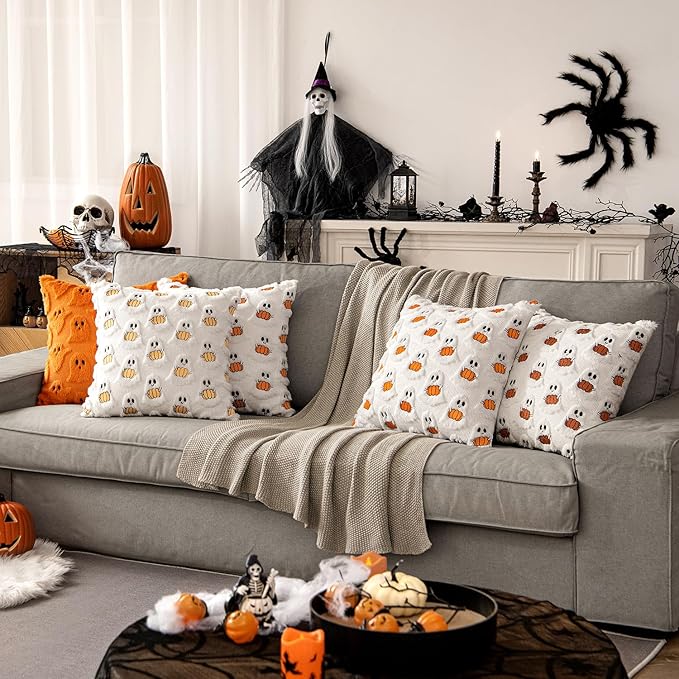 MIULEE Halloween Pillow Covers Decorative Fall Cute Ghost Plush Faux Fur Pillows 18x18 Inch Set of 2 Soft Pumpkin Accents for Sofa Couch Bed Living Room Festive Home Decor, White Rust