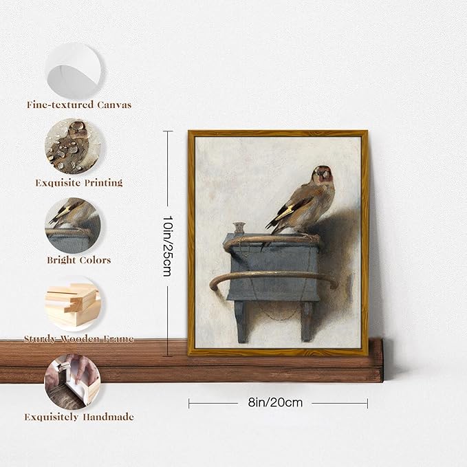 crmotu Bird Framed Wall Art, Vintage Still Life Pictures Wall Decor, Retro Animal Canvas Prints Artwork, Goldfinch Rustic Farmhouse Decor Paintings, Bathroom Bedroom Desktop Kitchen Decoration 8x10in