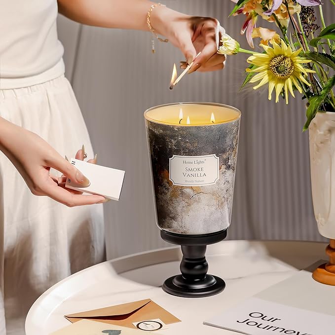 HomeLights Large jar Candle | 3-Wick Long-Lasting Scented Candles, 34oz Natural Soy Wax Candle for Home Scented, Industrial Chic Gifts for Women & Men, Smoke Vanilla