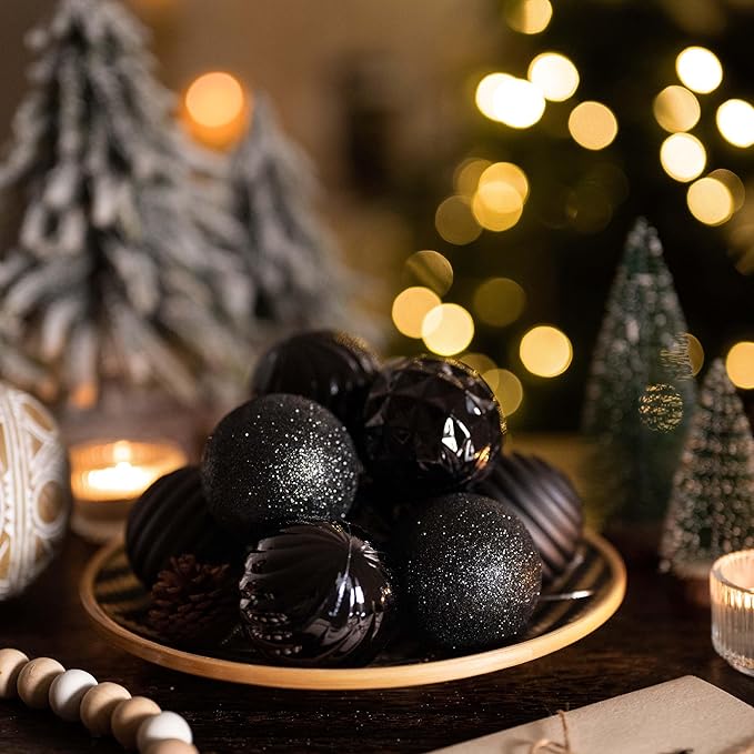 Valery Madelyn Christmas Ornaments Tree Decorations Set for Fall Halloween, 24ct Black Shatterproof Ball Ornaments, 2.36" Hanging Ornament Bulk for Xmas Holiday Party Decor