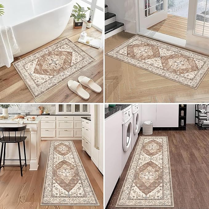 Pauwer Kitchen Mats for Floor 3 Piece Set Boho Non Slip Kitchen Rugs Washable Farmhouse Kitchen Floor Mats Thick Long Kitchen Throw Area Rug Carpet Runner for Hallway Laundry Bathroom, Caramel