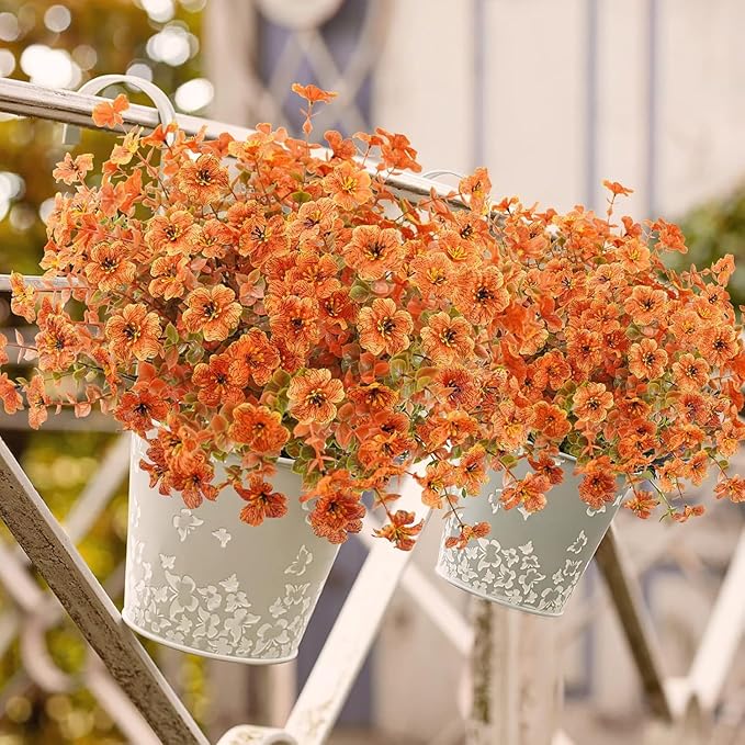 Agusbagli 24Pcs Artificial Fall Flowers Outdoor Autumn Fake Flowers UV Resistant Faux Plastic Greenery Shrub Plant for Wedding Home Garden Window Box Fireplace Thanksgiving Christmas Decor Orange