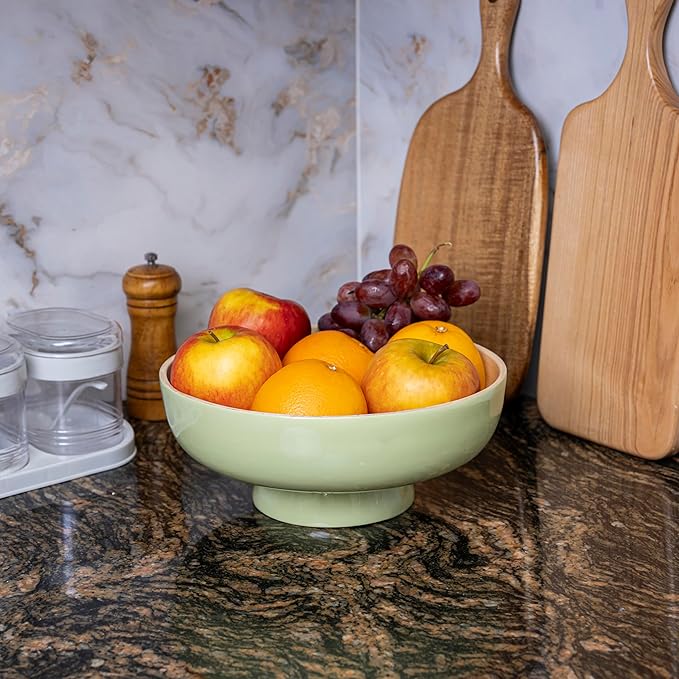 PEMAR 10" Lacquer Bamboo Fruit Bowl for Kitchen Counter, Handmade Large Decorative Pedestal Bowl for Entryway Table Home Decor, Key Bread Candy Snacks Organizer (Matcha Latte)