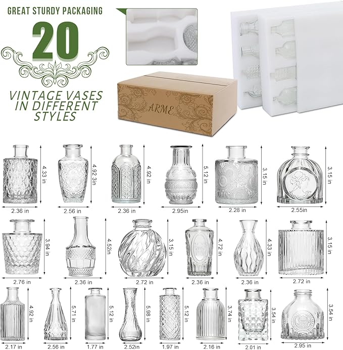 Arme 20 Pcs Bud Vase Set, Mini Vases for Flowers, Small Vintage Glass Vase for Centerpieces, Cute Clear Bud Vases for Home Flower Wedding Decorations