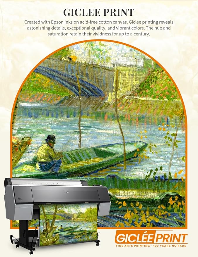 DECORARTS - Fishermen And Boats From The Pont De Clichy, Vincent Van Gogh Art Reproduction. Acid Free Cotton Canvas Giclee Print w/Bronze Frame&Mat for Wall Decor.