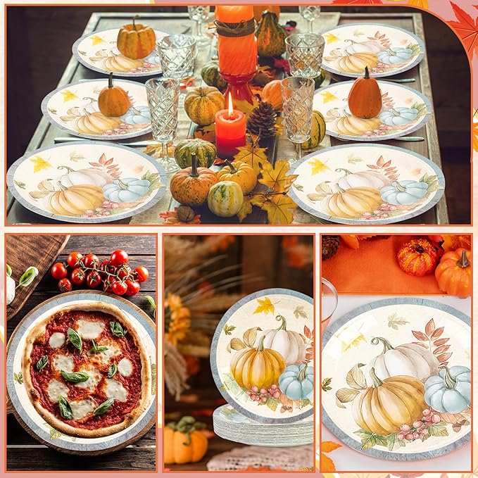 50PCS Fall Pumpkins Paper Plates - 7Inch Autumn Theme Dessert Plate for Cake Salad Pizza Pumpkin Maple Leaf Tableware Set Disposable Decoration Supplies for Autumn, Thanksgiving Party
