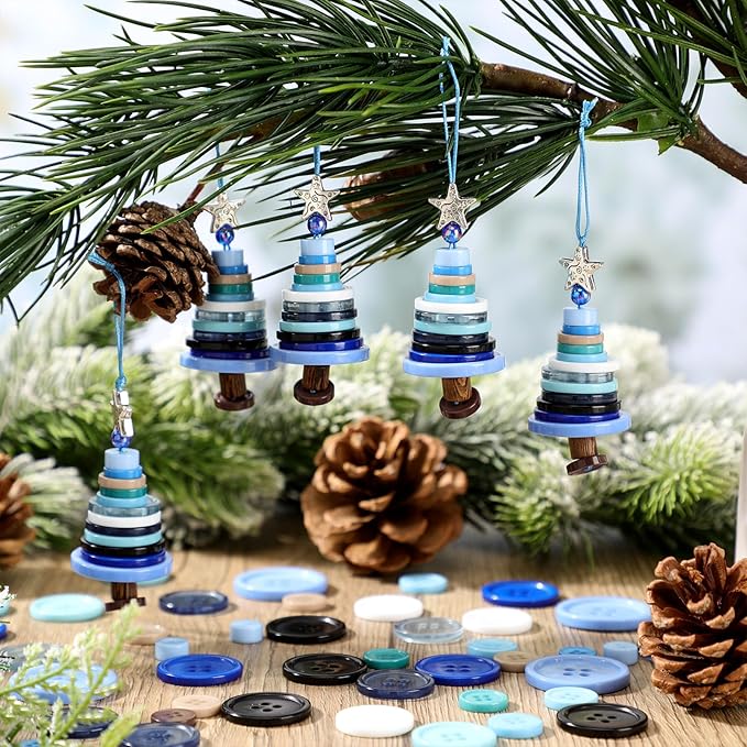 Soulchen 12 Sets Button Christmas Tree Craft Kits Make Your Own Button Christmas Tree Decorations DIY Xmas Hanging Ornament for Holiday Stocking Filler Gift Decor(Blue)