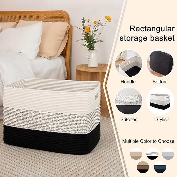 OIAHOMY 108L Large Cotton Rope Basket, Rectangle Woven Baskets for Storage, Nursery Blanket Storage Living Room, Toy Basket With Handle-25”x16”x16”-Gradient Black