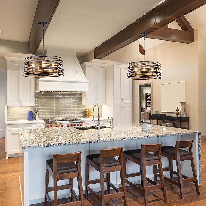 19.7'' Farmhouse Dining Room Light Fixture, 5-Light Metal Drum Chandelier, Black with Retro Wood Texture Interior