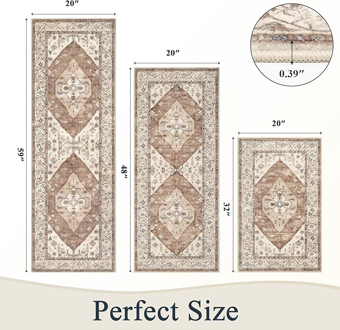 Pauwer Kitchen Mats for Floor 3 Piece Set Boho Non Slip Kitchen Rugs Washable Farmhouse Kitchen Floor Mats Thick Long Kitchen Throw Area Rug Carpet Runner for Hallway Laundry Bathroom, Caramel