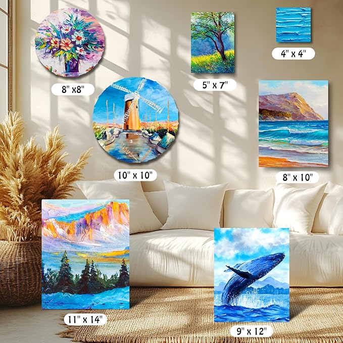Stretched Canvas - 4x4, 5x7, 8x10, 9x12, 11x14 and Round Canvas 8x8, 10x10 (2 of Each) Total 14 Canvas Pack - 100% Cotton Blank Canvases for Oils Acrylics and Pouring