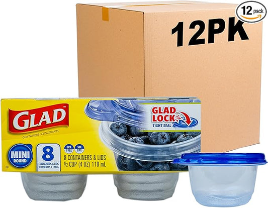 Glad GladWare Mini Round Food Storage Containers - Small Meal Container Holds up to 4 Ounces of Food - Lock Tight Seal, 8 Count - 12 Pack
