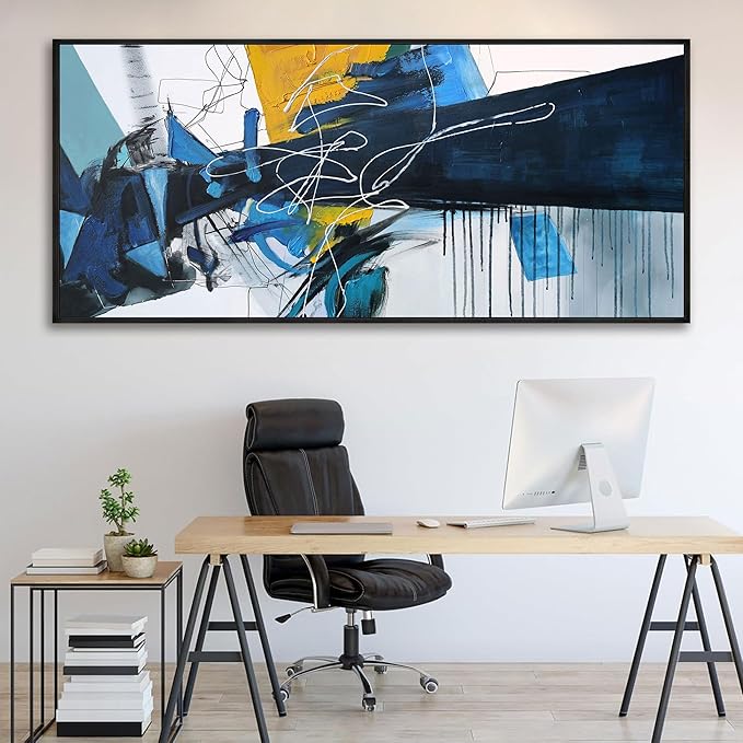 KLAKLA Extra Large Wall Art for Living Room - Blue and white Canvas Framed Wall Decor Living Room Abstract Picture Artwork for Office Bedroom Decorative Paintings
