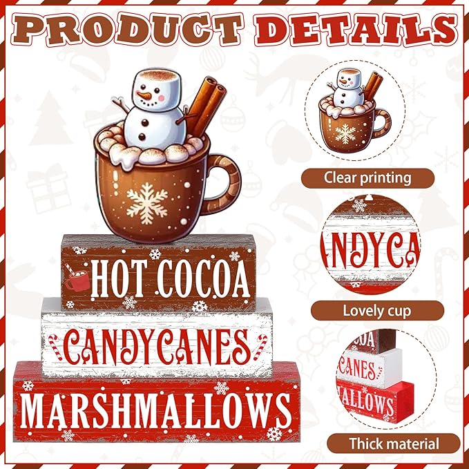 Geelin 4 Pieces Christmas Hot Cocoa Wooden Table Decorations Xmas Hot Cocoa Wooden Signs Rustic Marshmallow Tiered Tray Decor Tabletop Centerpieces for Home Desk Room Kitchen Shelf