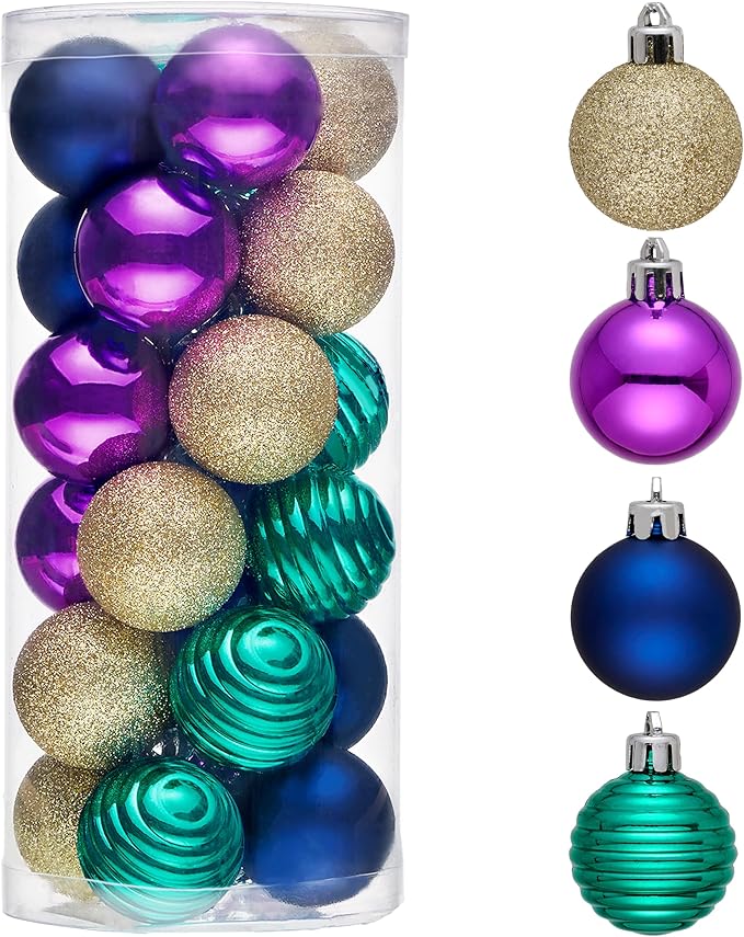 Valery Madelyn 1.57 Inches Small Christmas Tree Decorations Ornament Set for 4th of July Fall Halloween, 24ct Peacock Purple Blue Shatterproof Hanging Ball Ornaments Holiday Party Decor