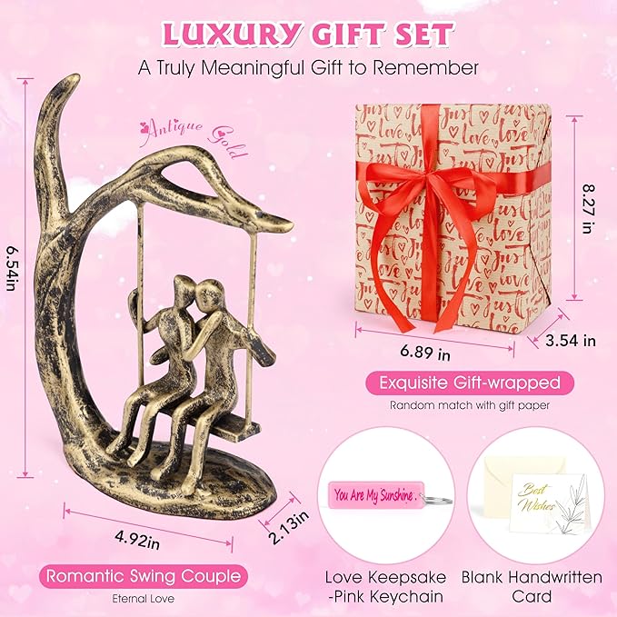 Anniversary Wedding Gifts for Couple/Her - Romantic Couple Statue in Love, Antique Gold Metal Figurine Sweet Loving Together Iron Sculpture Decor, Birthday Gifts for Wife Husband