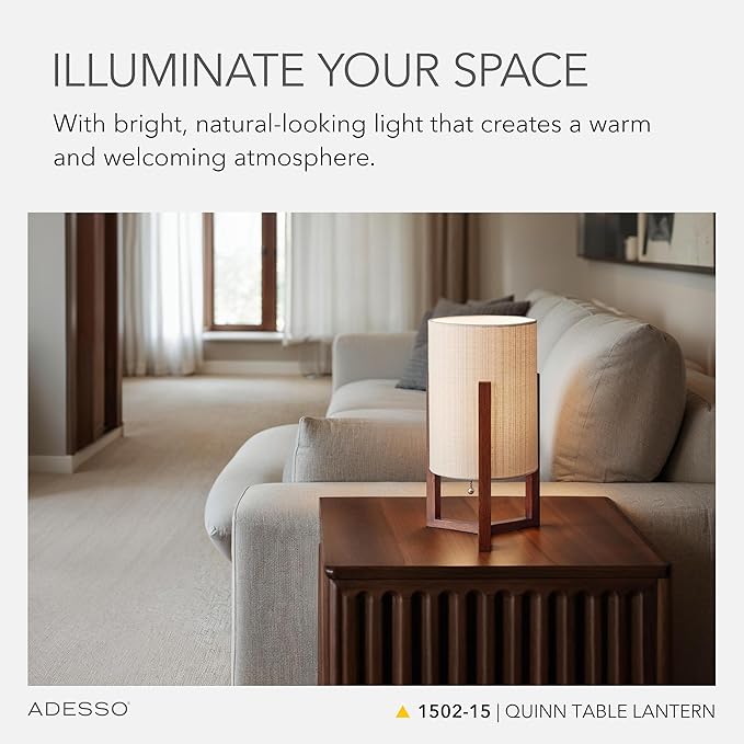 Adesso Quinn Table Lantern - Walnut Birch Wood & Natural Linen Shade – Perfect Nightstand, End Table, and Desk Lamp