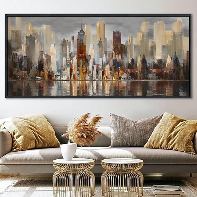 Framed Large Cityscape New York Wall Art Canvas Prints Abstract Brown City Theme Paintings Modern Canvas Wall Art for Living Room Pictures Wall Decor Bedroom Big Size 40x87
