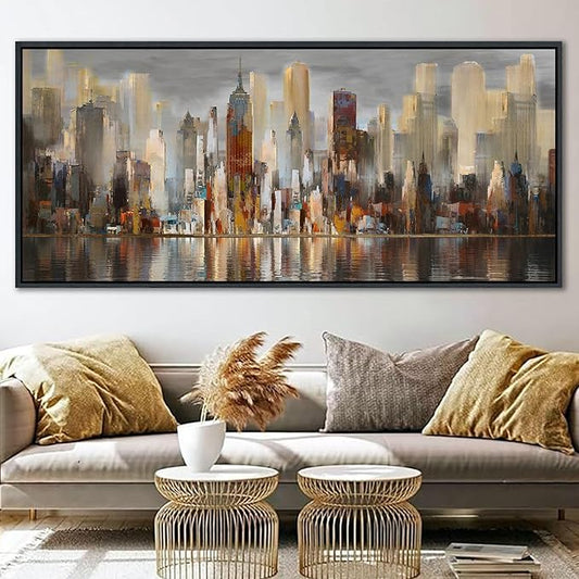 Framed Large Cityscape New York Wall Art Canvas Prints Abstract Brown City Theme Paintings Modern Canvas Wall Art for Living Room Pictures Wall Decor Bedroom Big Size 40x87