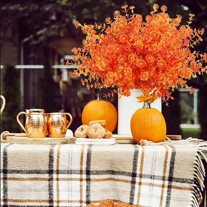 Agusbagli 10Pcs Artificial Fall Flowers Outdoor Autumn Fake Daisy Flowers UV Resistant Faux Plastic Greenery Shrub Plants for Wedding Home Garden Window Box Fireplace Thanksgiving Decor Orange