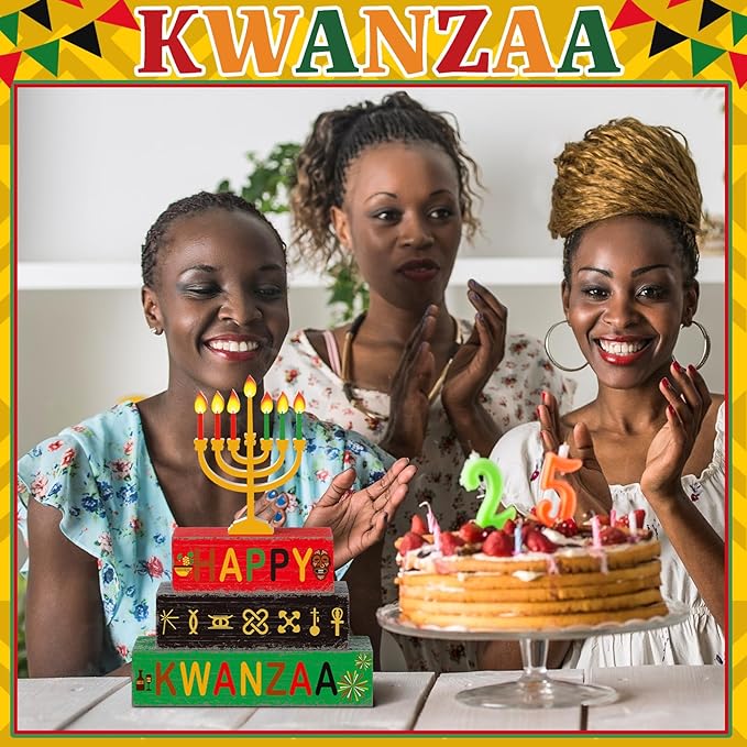 Geelin 4 Pcs Kwanzaa Wooden Table Centerpiece Set Wooden African Heritage Tiered Tray Decor Happy Kwanzaa Home Decor for Holiday Party Supplies