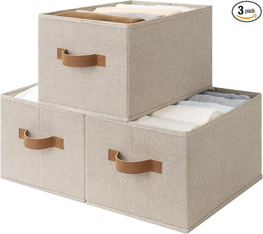 StorageWorks Storage Baskets for Shelves, Foldable Fabric Closet Storage Bins with Handles, Clothes Organizer Laundry Baskets, Brown & Beige, 3-Pack, Large