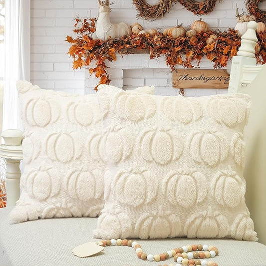 GEEORY Beige Fall Pumpkin Throw Pillow Covers, 26x26 Inch (Set of 2), Soft Faux Fur Wool, Farmhouse Style for Autumn Home Sofa Decor GC020-26