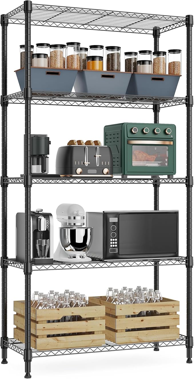 1250 lbs 5 Tier Shelf Metal Storage Shelves Wire Rack Closet Organizers with Wheel for Garage Kitchen Bathroom Laundry Black 13.7" D x 23.6" W x 62.4" H