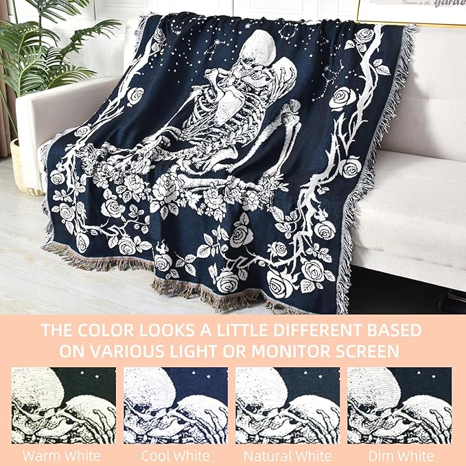 Boho Throw Blanket Reversible Cotton Bohemian Tapestry Hippie Room Decor Double Sided (Boho Skeleton Lover Moon Blue 50"x60")