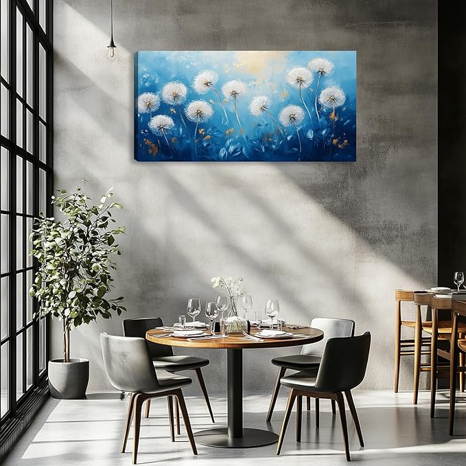 Kuiluuye Large Dandelion Wall Art Flower Painting Wall Decor Canvas Print Blue White Flora Picture for Living Room Home Bedroom Decoration Framed Poster Artwork 40L x 20W
