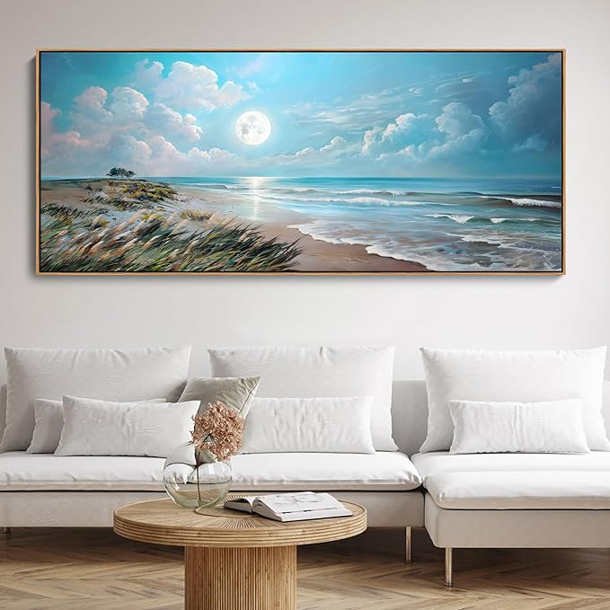 YCPRIMER Extra Large Coastal Wall Art - Blue Beach Canvas Wall Decor Ocean Picture Seascape Painting for Living Room Bedroom Bathroom Decoration Sea View Artwork Prints Pictures Works Easy to Hang Size 70x31inchs