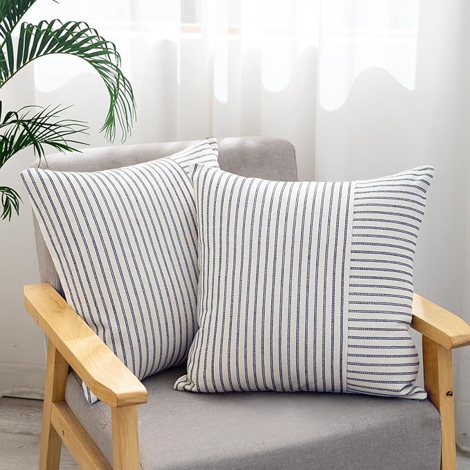 YCOLL Farmhouse Pillow Covers 22x22, Modern Accent Throw Pillow Covers Set of 2, Navy and Beige Striped Patchwork Linen Decorative Pillows Cushion Covers for Couch Chair Bedroom Fall Decorations