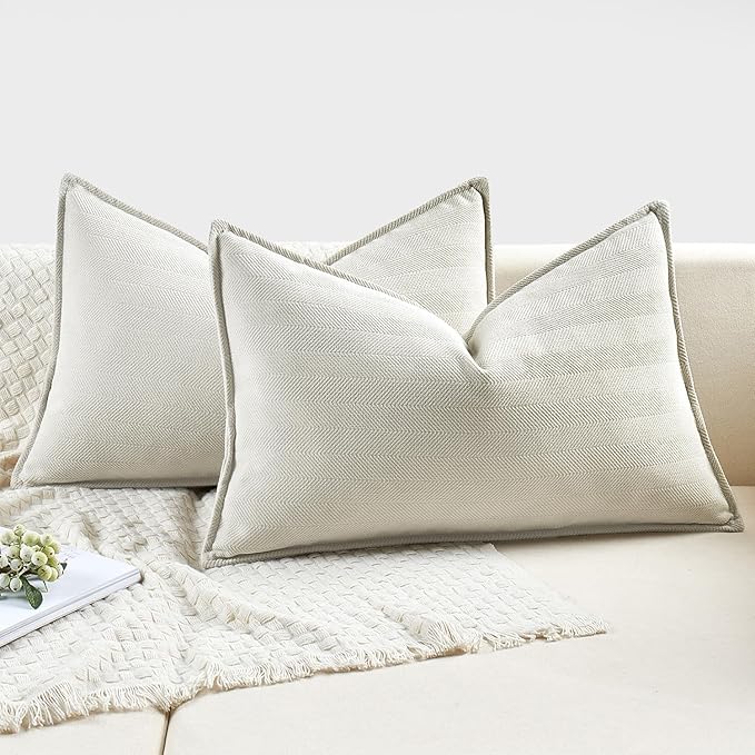 MIULEE Pack of 2 Cream White Decorative Lumbar Pillow Covers 12x20 Inch Soft Chenille Luxurious Couch Throw Pillows Farmhouse Cushion Covers with Elegant Design for Sofa Bed Living Room Home Decor
