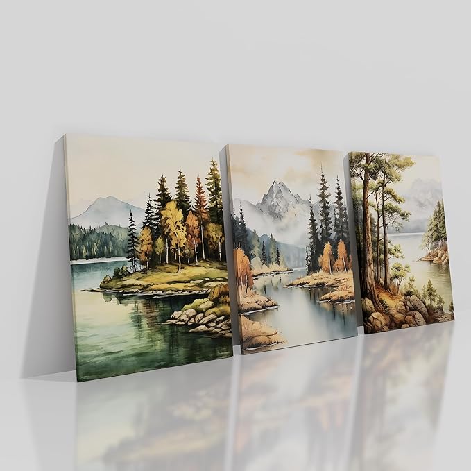 3 Pieces Forest Canvas Wall Art Home Decor Posters Print Mountain Trees Lake Beautiful Autumn Landscape HD Picture Painting Artwork for Living Room Hotel Workplace Stretched and Framed [60''Wx28''H]