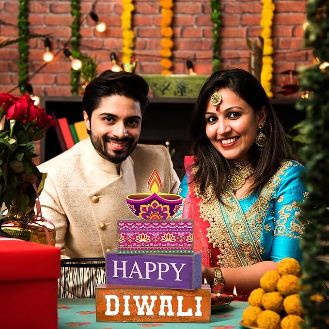 4 Pcs Diwali Wooden Table Decoration Centerpiece Happy Diwali Tiered Tray Decor Warm Wishes Diyas Wooden Design for Traditional Festival Party Deepawali Celebration Supplies