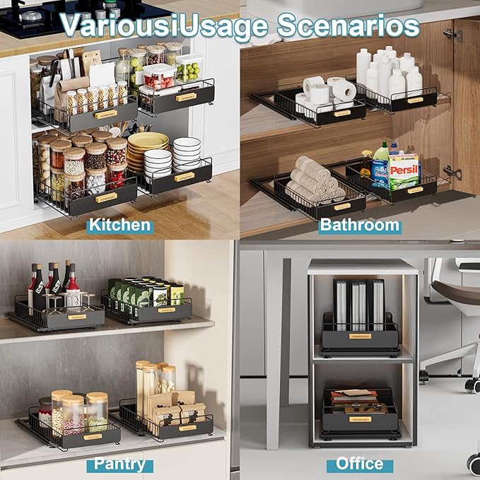 Under Sink Organizer, 2 Pack Pull Out Kitchen Cabinet Organizer, Mute Slide-Out Under Sink Organizers and Storage, Metal Kitchen Bathroom Organizers and Storage Shelves, Black