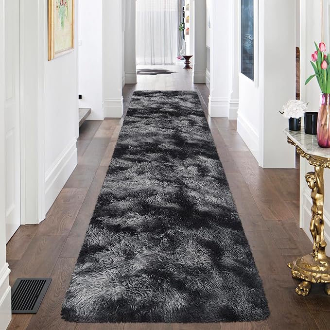 Tie-Dyed Runner Rug for Bedroom Black Grey 2x8ft Fluffy Area Rug Bedside Runner Rug for Kids Room Boys Teens Nursery Baby Living Room Dorm Home Decor Carpets
