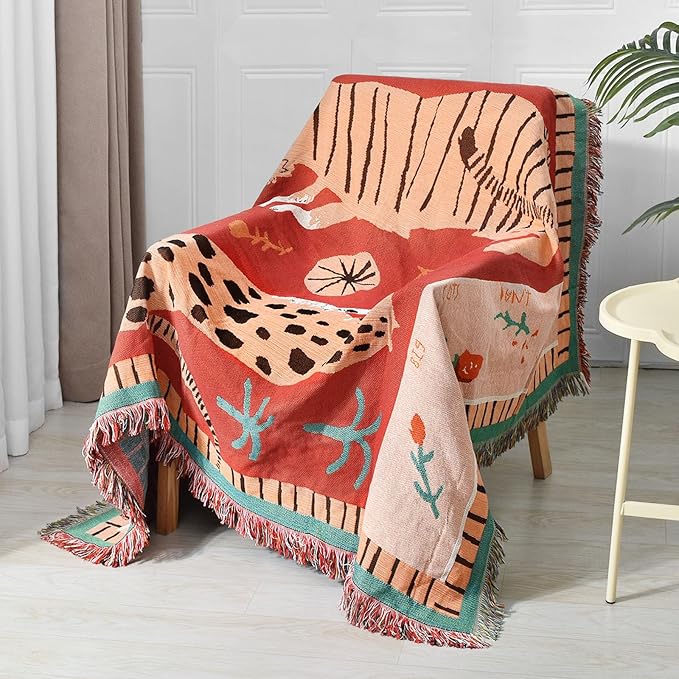 Boho Throw Blanket Reversible Cotton Bohemian Tapestry Hippie Room Decor Outdoor Blanket Double Sided (Boho Leopard 50"x60")