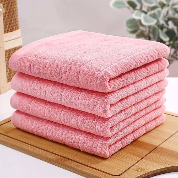 Homaxy 100% Cotton Terry Kitchen Towels(Pink, 13 x 28 inches), Checkered Designed, Soft and Super Absorbent Dish Towels, 4 Pack