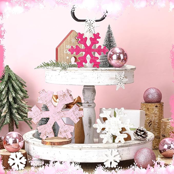 Bucherry 3 Pcs Winter Wooden Snowflake Decor Rustic Winter Snowflake Table Signs Wonderland Wood Blocks Farmhouse Christmas Tiered Tray Decorations for Xmas Table Shelf(Pink, Rose Red, White)