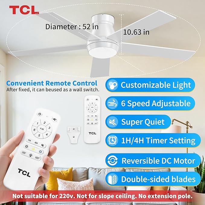 TCL 52" White Ceiling Fan with Light and Remote, Modern LED 3-Color, 3CCT, Quiet Motor for Bedroom, Living Room, Dining Room, Ceiling Fans with Lights (White)