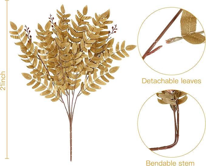 Sggvecsy 4 Pack Artificial Fall Greenery Stem Autumn Faux Flowers Autumn Faux Plants Silk Fall Shrubs Bushes Fall Leaves Stem for Indoor Home Table Centerpieces Thanksgiving Decoration(Dark Yellow)