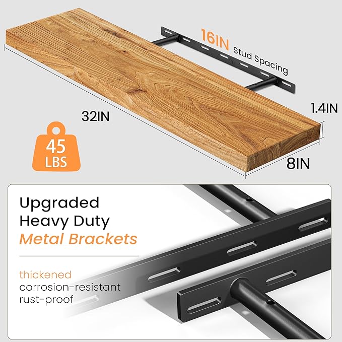 Fun Memories Rusitc Wood Floating Shelves, 36 Inch Floating Shelves for Wall, Wall-Mounted Wooden Shelves with Invisible Heavy-Duty Brackets for Books, Bathroom, Kitchen, Natural, 2 Pack