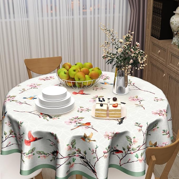 Spring Flowers Round Table Cloth Spring Hummingbird Round Tablecloth 60 Inch Spring Summer Circle Table Cover Colorful Floral Birds Table Cover for Kitchen Dining Room Farmhouse Indoor Outdoor Decor