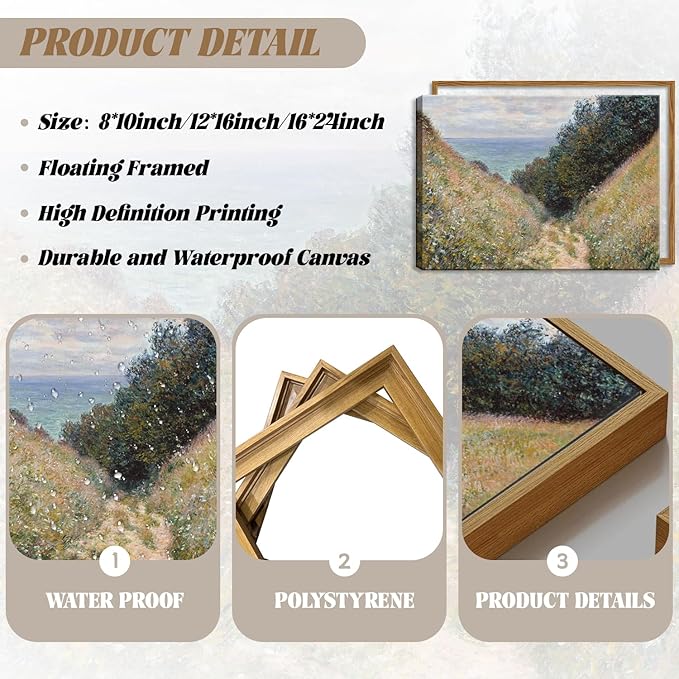 Framed Vintage Monet Wall Art Farmhouse Decor – Impressionist Oil Painting Canvas Prints – Country Landscape Classic Aesthetic Wall Decor for Living Room Bedroom Bathroom – 16''x24''