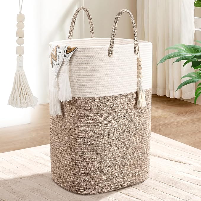 Woven Laundry Basket for Clothes, 100L Large Rectangle Laundry Hampers with Beads Tassel, Nursery Storage Basket for Toys, Tall Dirty Clothes Hamper for Bedroom Aesthetic, Laundry Room Organization