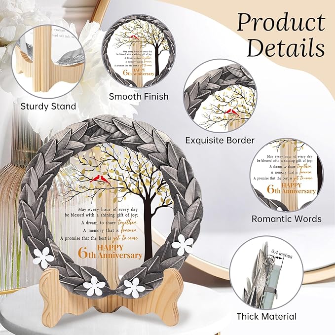 6th Anniversary Wedding Gifts Crystal Plate with Iron Leaf Wreath – 6 Years Iron Ideas for Couple or Parents – Cardinal Style