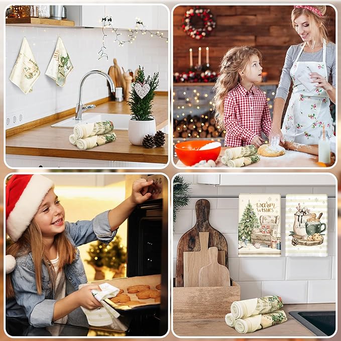 12 Pcs Christmas Kitchen Towels and Dishcloths Absorbent Christmas Tree Reindeer Truck Hand Dish Towels Decoration for Xmas Home Gift Supplies, 14.2 x 21.3 Inch(Cute Style)